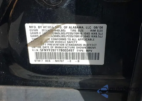 2007 Honda Pilot Ex-L z USA, uszkodzony, nr VIN 5FNYF28717B003497